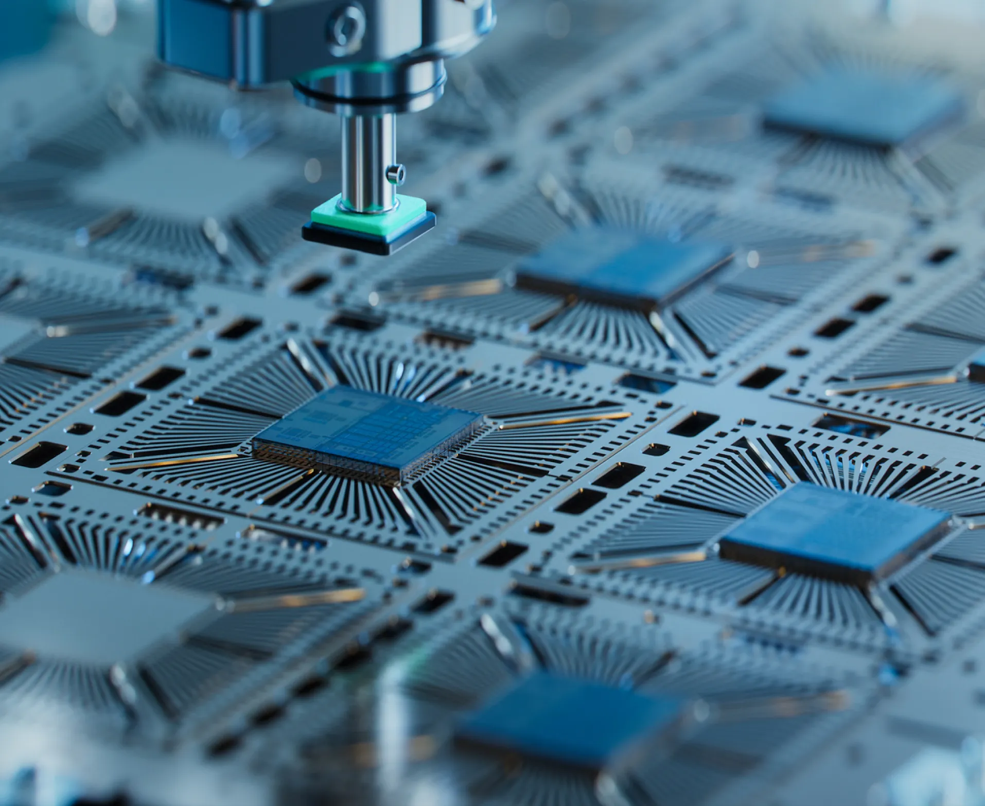 A close-up of a manufacturing machine working on a silicon wafer with multiple microchips. The mechanism is placing or inspecting microchips, which have intricate circuit patterns.